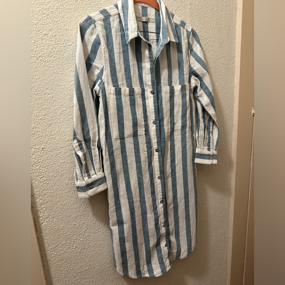 7 For All Mankind Blue and White Striped Cotton Shirt Dress
